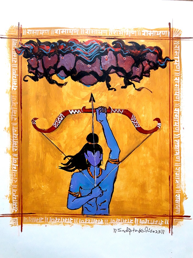 A painting of Rama taking aim with a bow and arrow at the many-headed Ravana